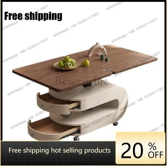 Medieval style movable coffee table creative folding lifting solid wood cart sofa side table