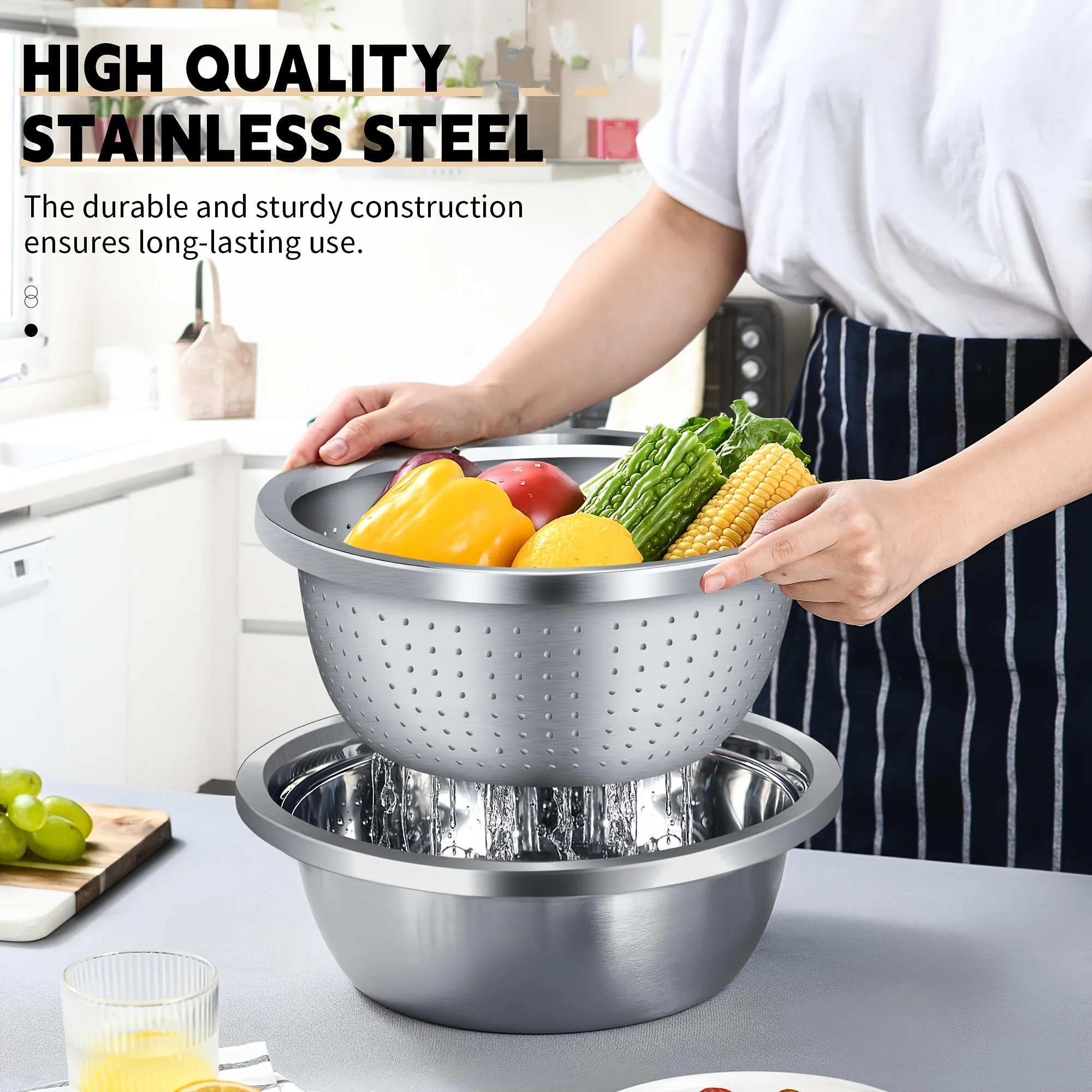 2-Piece Stainless Steel Microporous Filter Bowl Set - Multi-Purpose Filter Mesh and Mixing Bowl for Washing Vegetables, Fruits
