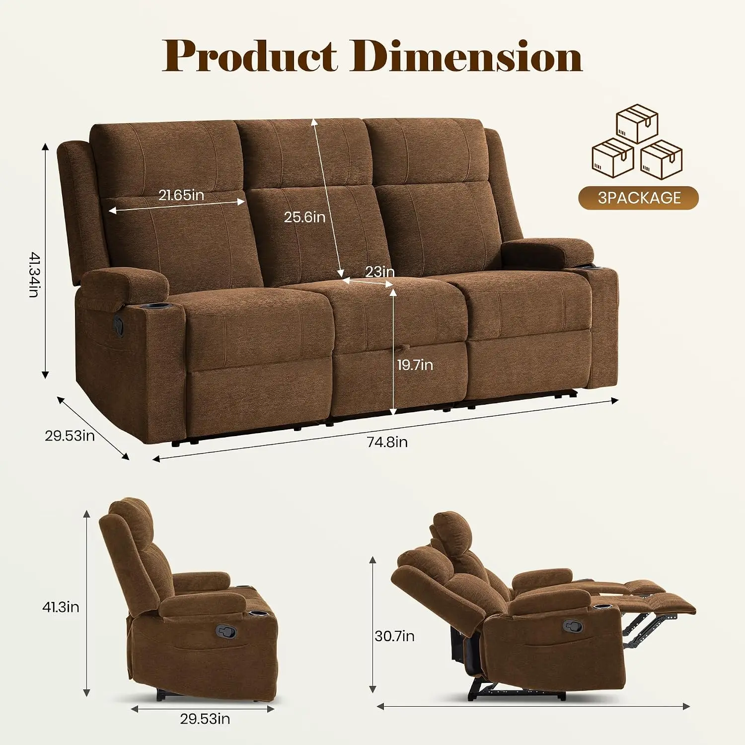 Chenille Reclining Sofa with Flip-Down Console, 4 Cup Holders, Storage & Pockets, 75