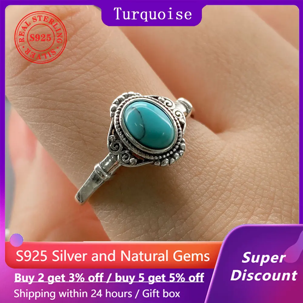 

Retro 925 sterling silver ring for women, set with copper patterned turquoise, exquisite and elegant jewelry, birthday gift
