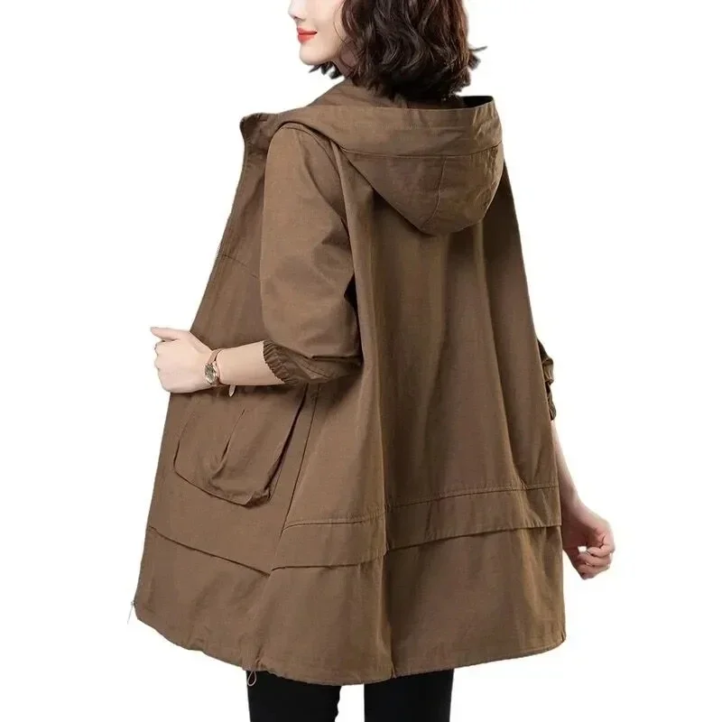 

2025Women Trench Coat Hooded Tops Autumn New Coat Long-Sleeved Loose Mid-Length Outerwear Female Windbreaker Gabardina Mujer 4XL