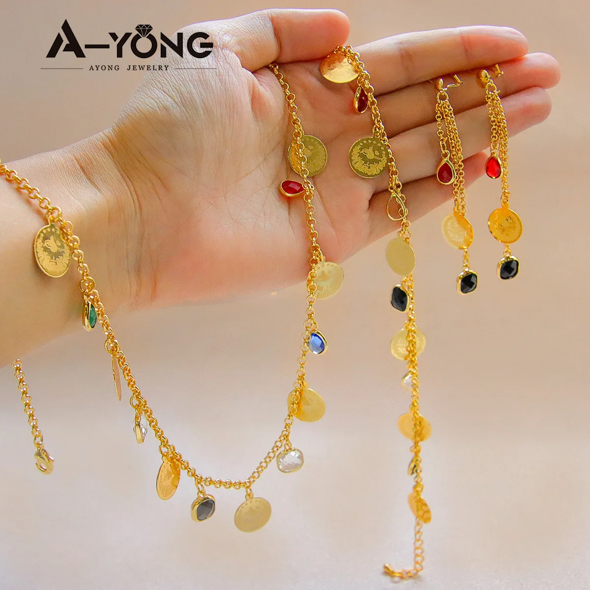 Luxus Algerien Braut Münzen Charm Schmuck 21k vergoldet Multi Farben Zirkonia Anhänger Halskette Kurdish Frauen Täglichen Schmuck – Detail 12