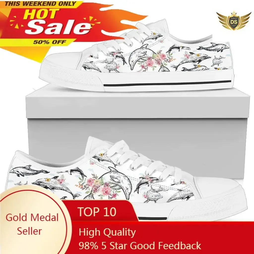 Sepatu sol datar motif bunga untuk wanita, sepatu sneakers kasual putih motif bunga lumba-lumba, sepatu Platform bersirkulasi, sepatu kanvas renda motif bunga untuk wanita