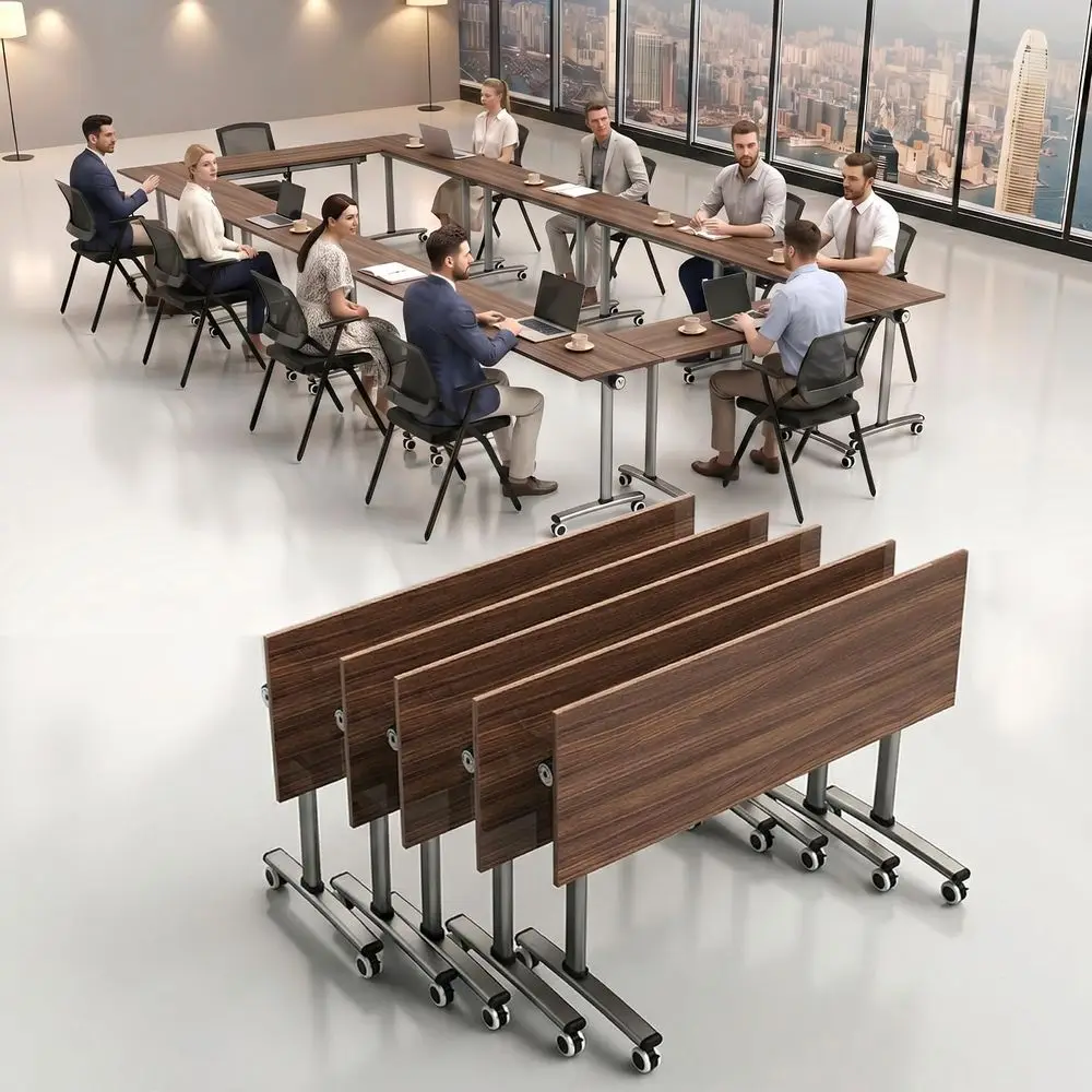 

Wheeled Conference Table with Edge Lip - Portable, Space-Saving for Meetings, Training, and Home Use
