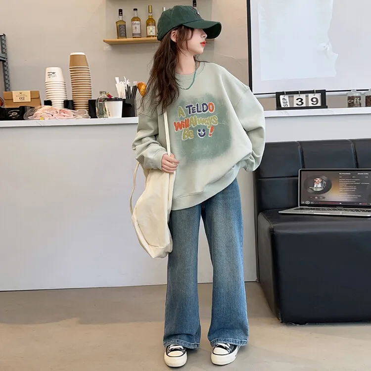 

Autumn School Girls Sets New Letter Printed Round Neck Sweatshirt+Denim Pant Children Girls Outfit 4-14Y Girls Two-piece Suits