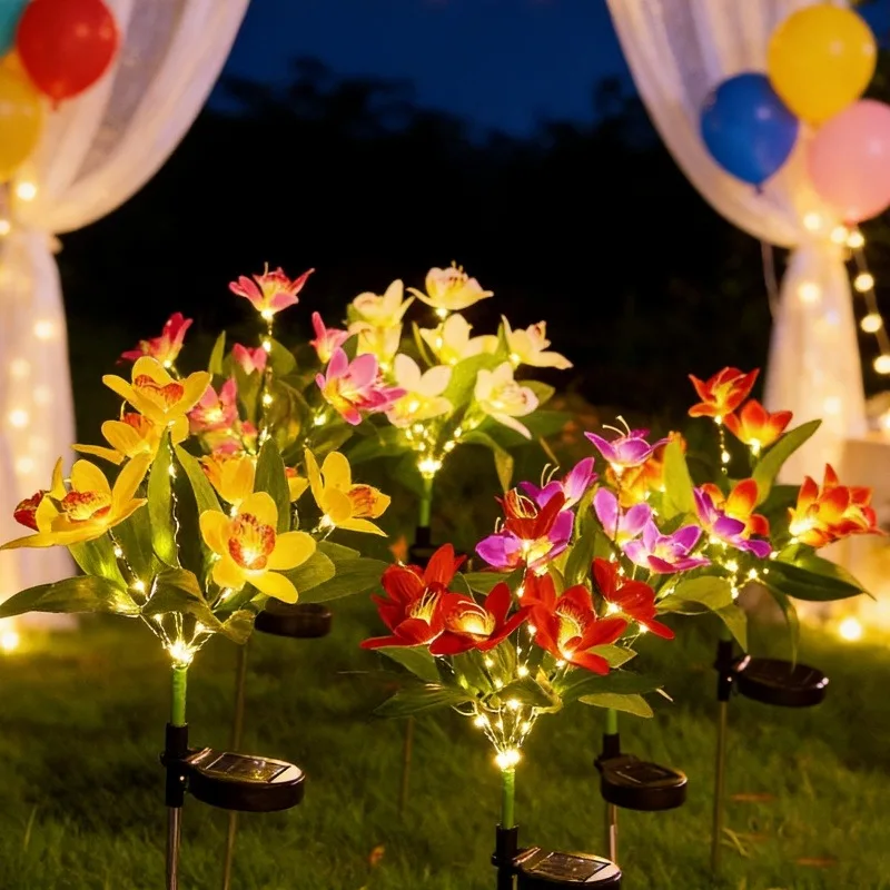 1pc LED Solar Ground Lights,Artificial Flower Lawn Lights, 7-head Solar Orchid Lights for Patio Yard Garden Christmas Decoration