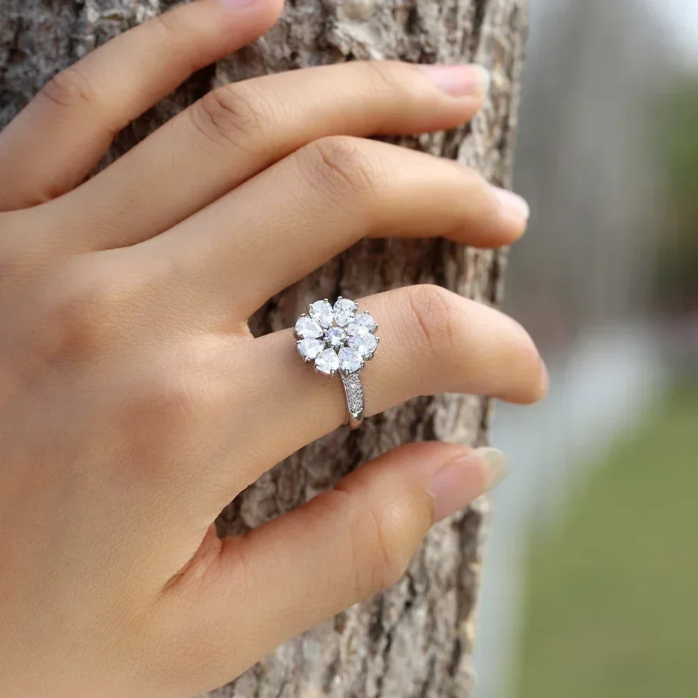 خاتم زهرة فضي اللون للنساء لامعة مكعب زركونيا حفل زفاف رومانسية سيدة الأزياء والمجوهرات