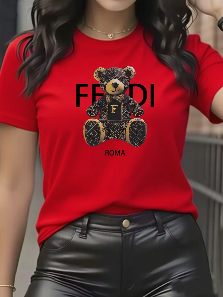 summer Graphic T-Shirt Short Sleeve Crew Neck with Soft Comfortable Spring Women's Light Blue Casual Teddy Bear