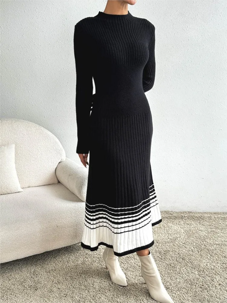 

Women's Sweater Dress Black And White Striped Vestidos All-match Simple Style Comfortable Knitted Dress Fashion Contrast Trendy