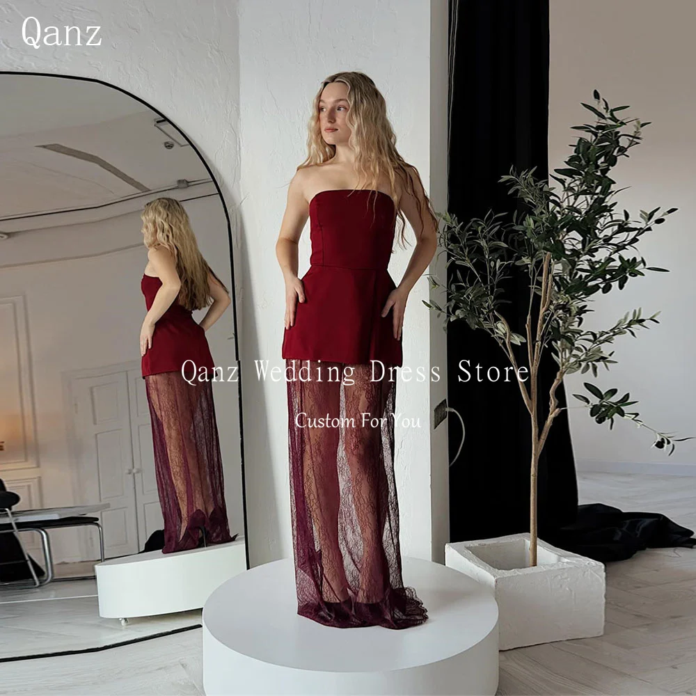 

Qanz Burgundy Strapless Prom Dress Long A Line Lace Backless Vestidos De Fiesta Dress Woman Elegant Party Wedding Customized