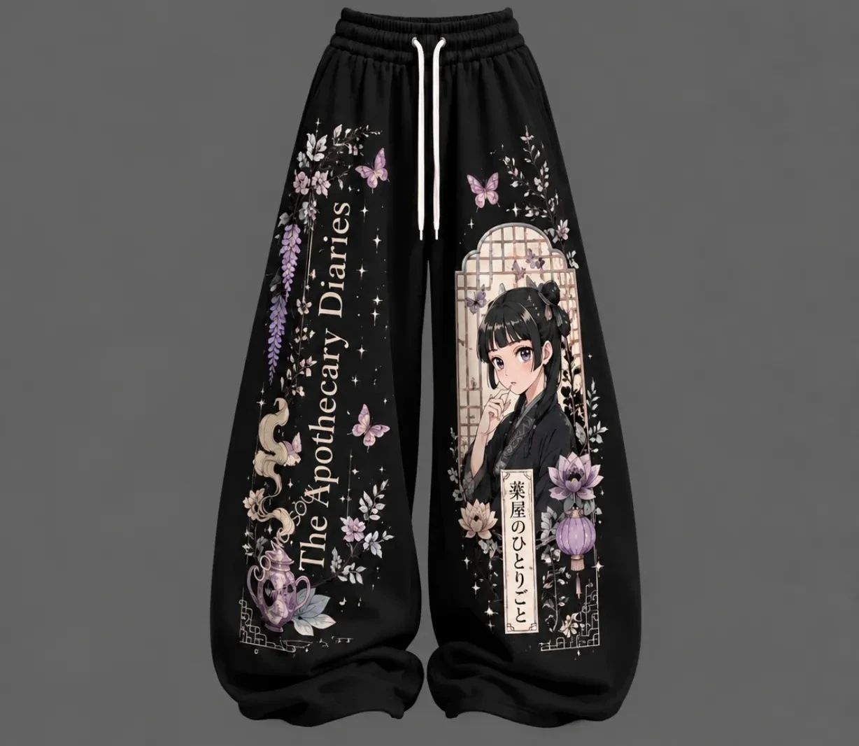 Purple Wisteria Floral Character Comic Baggy Pants, Smooth Silky Drawstring Trousers for Casual Hangout & Visual Art Lovers