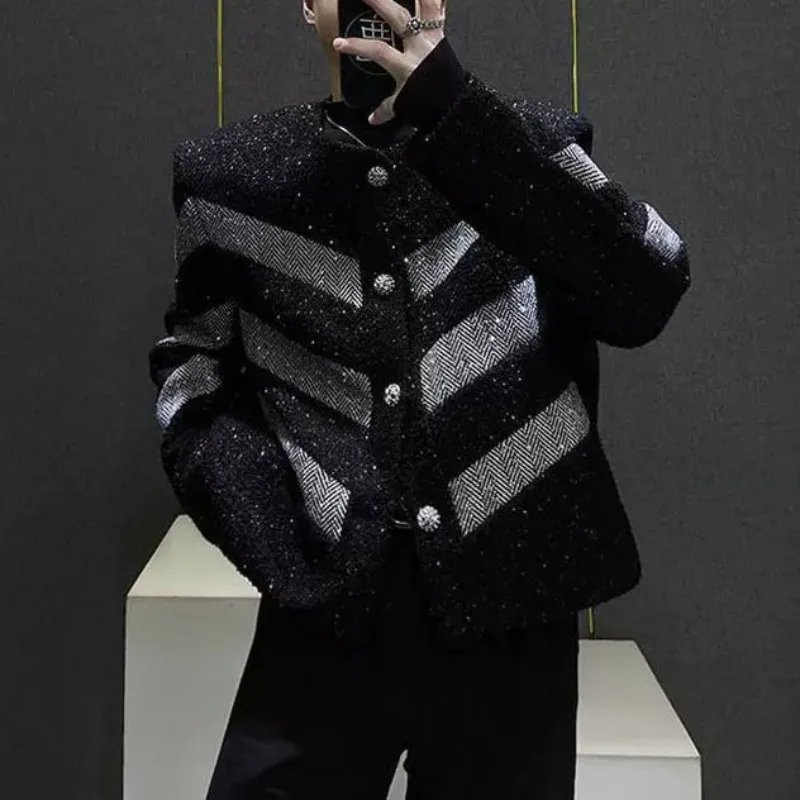 

Spring Autumn Fashionable Sequin Design Jacket Men's Trend French Style Niche Short Spliced Shoulder Pad Loose Coats Collarless