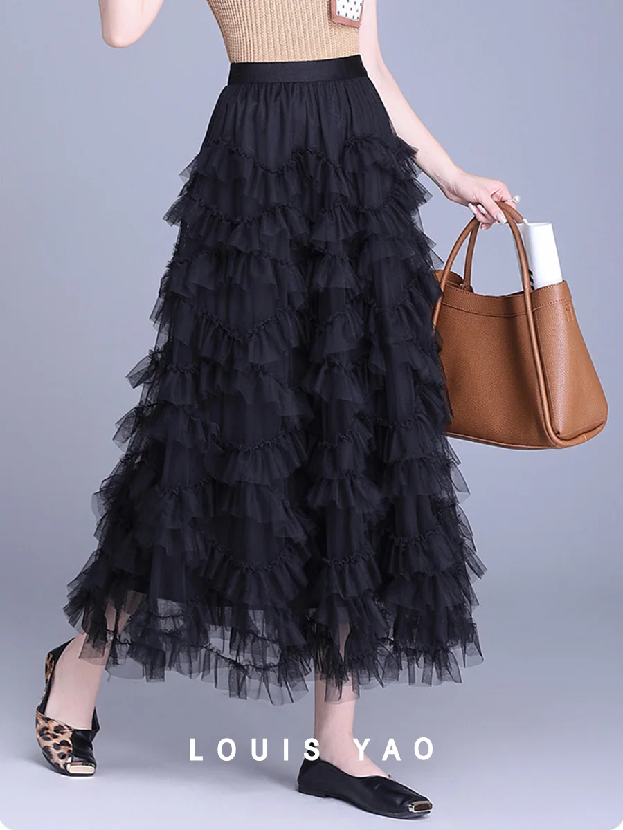 LOUIS YAO 2025 Spring High Waist Sweet Mesh Skirt Fashionable Romantic Long Elastic Waist Lightweight Women's Half Body Skirt
