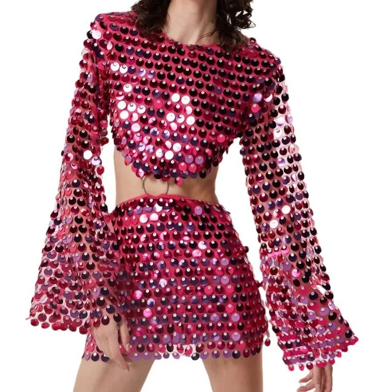 Vestido corto Irregular con lentejuelas y manga acampanada para mujer, minivestido Sexy con cuello redondo, Color liso, primavera y verano, 2024