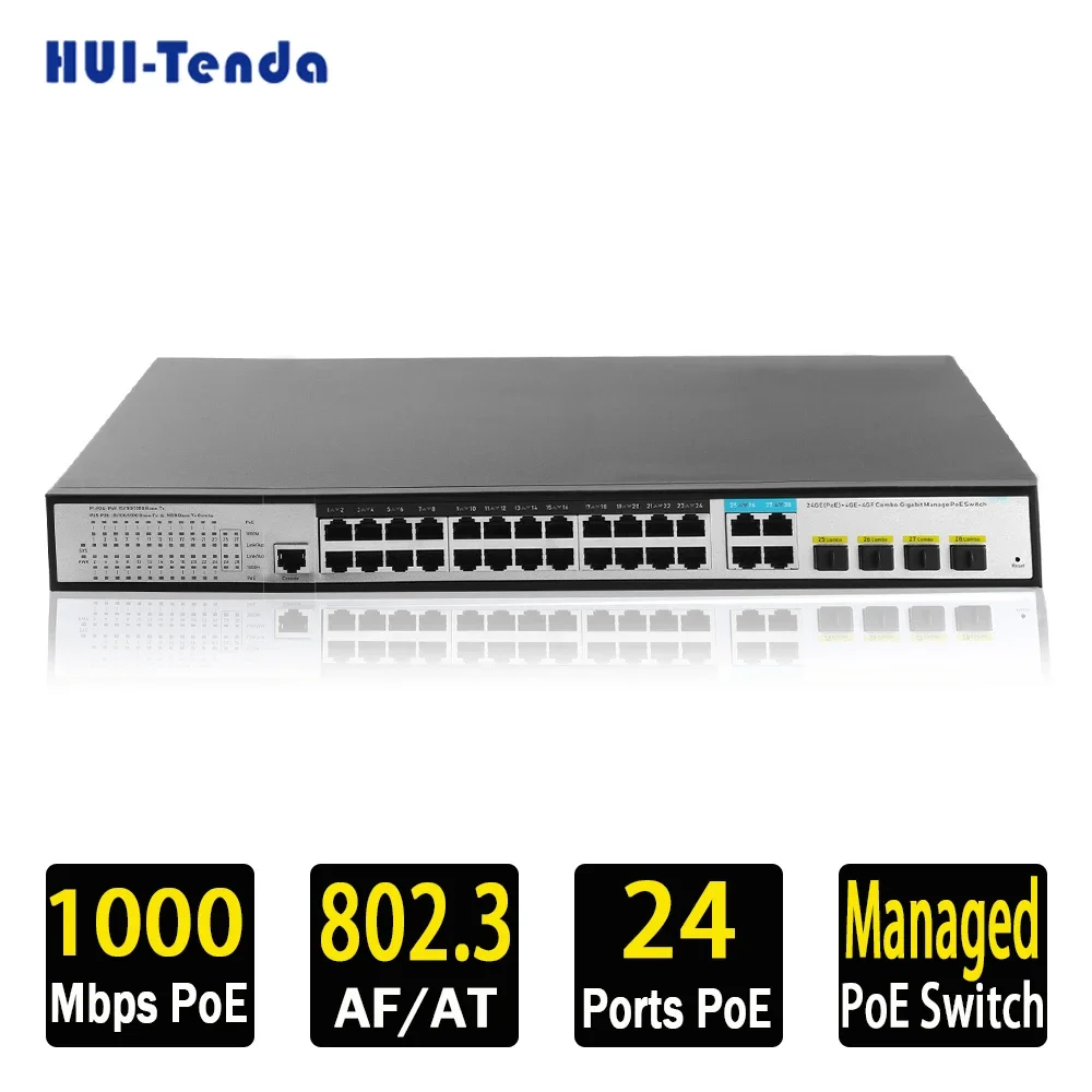 Huitenda-conmutador POE Gigabit gestionado, 24 puertos, SFP, VLAN, STP, QOS, 1000Mbps, RJ45, Ethernet, fibra, Hub de conmutación Montado en Rack