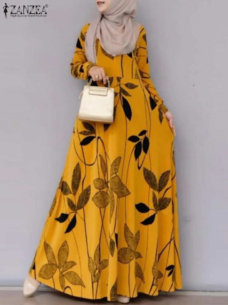 Zanzea Frauen Langarm Vintage Blumen gedruckt Maxi kleid Frühling Bohemian Muslim Abaya lange Vestido Robe Femme Urlaub Sommerkleid