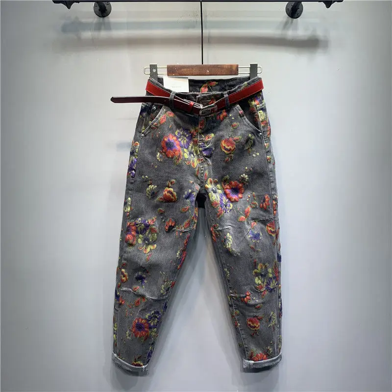 Spring Autumn European Ethnic Style Oversized Printed Jeans Retro Loose Ankle-Tied Harem Trousers Fashionable Denim Pants XJ488