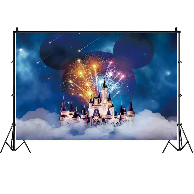 Mickey Mouse Disney Castle Backdrop Night Fireworks Meteor Shower Birthday Party For Kids Baby Decoration Photo Background Props