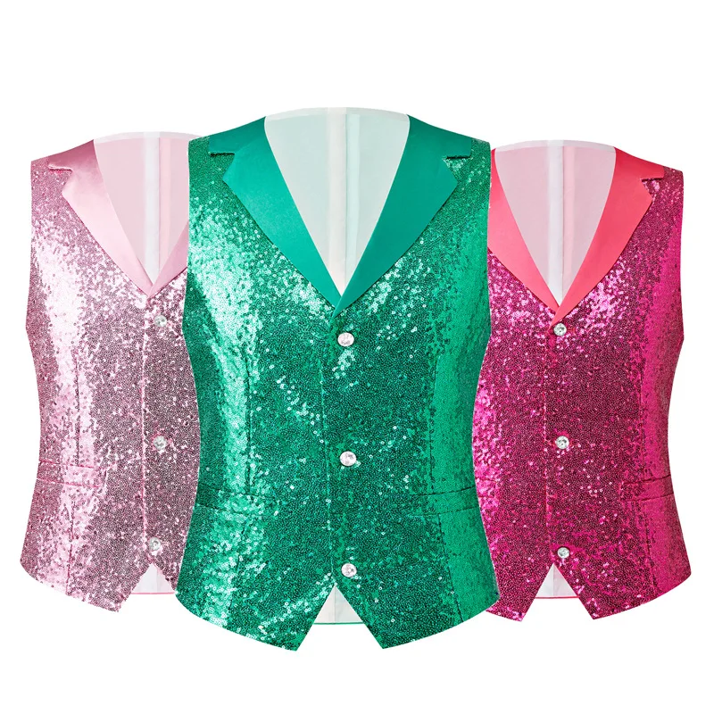 2024 Autumn New Color Sequin Suit CollarPink/Rose -Red/Green Vests for Men, Host, Singer, Stage Chorus Dress, Colorful Waistcoat