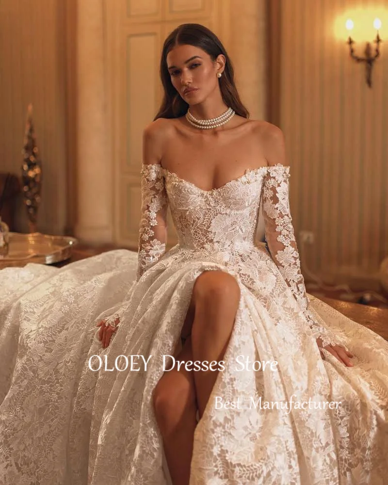 OLOEY New 2024 Design A Line Full Lace Exquisite Wedding Dresses Sweetheart Long Sleeves Court Train Bridal Gowns Vestidos