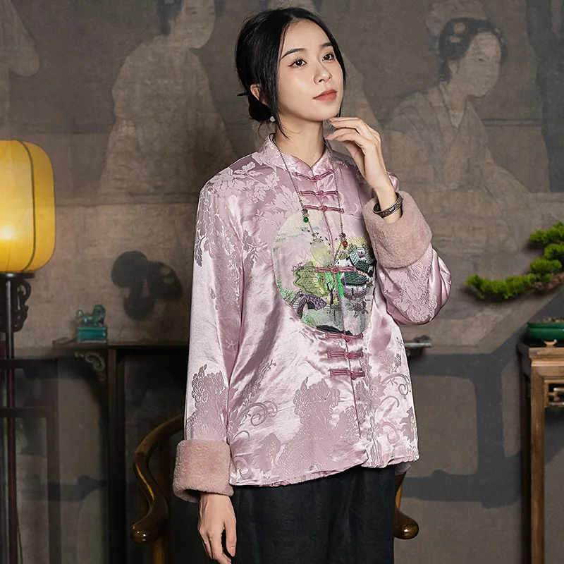 W23W337 Jacquard Coat With Chinese Style, Pan Button Winter Cotton Coat, Embroidered Flower Tea Clothes, Women's Clothing