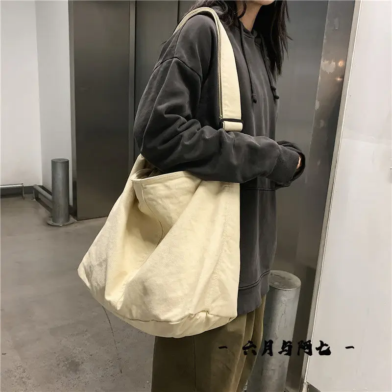 

High-Capacity Canvas Women Bag Vintage Cotton Bucket Solid Zipper Soft Casual Tote Bag Shoulder Bag Crossbody Shopping Bag