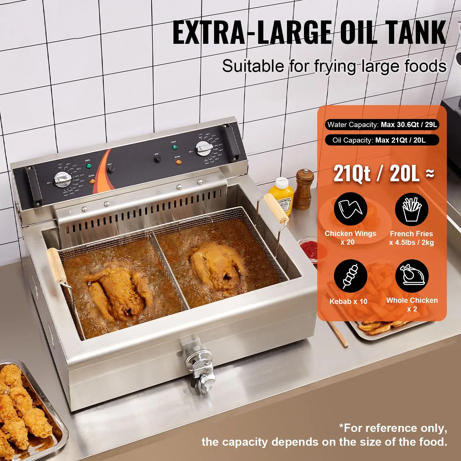 Countertop Commercial Deep Fryer, 3000W Electric Turkey Fryer with Basket, Large Capacity 30.6Qt / 29L Single Oil Fryer, Stainless Steel, Temp Control, for Kitchen Restaurant Use, Silver ﻿