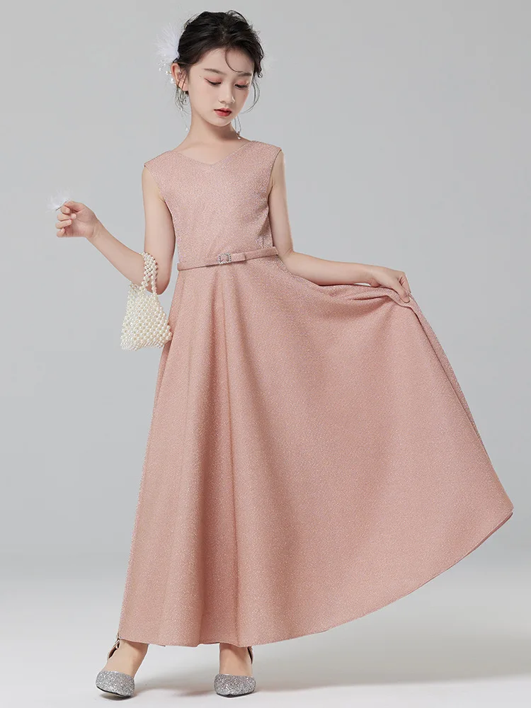 Flower Girl Dress Pink Sequin  Lace Wedding Princess Dress Sleeveless Host Performance Long Costume Ball Gown Evening Vestido