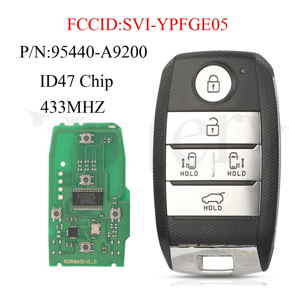 

jingyuqin 95440-A9200 433 МГц ID47 Чип-ключ с бесключевым доступом, умный дистанционный автомобильный ключ SVI-YPFGE05 для KIA Carnival 2016 2017 2018