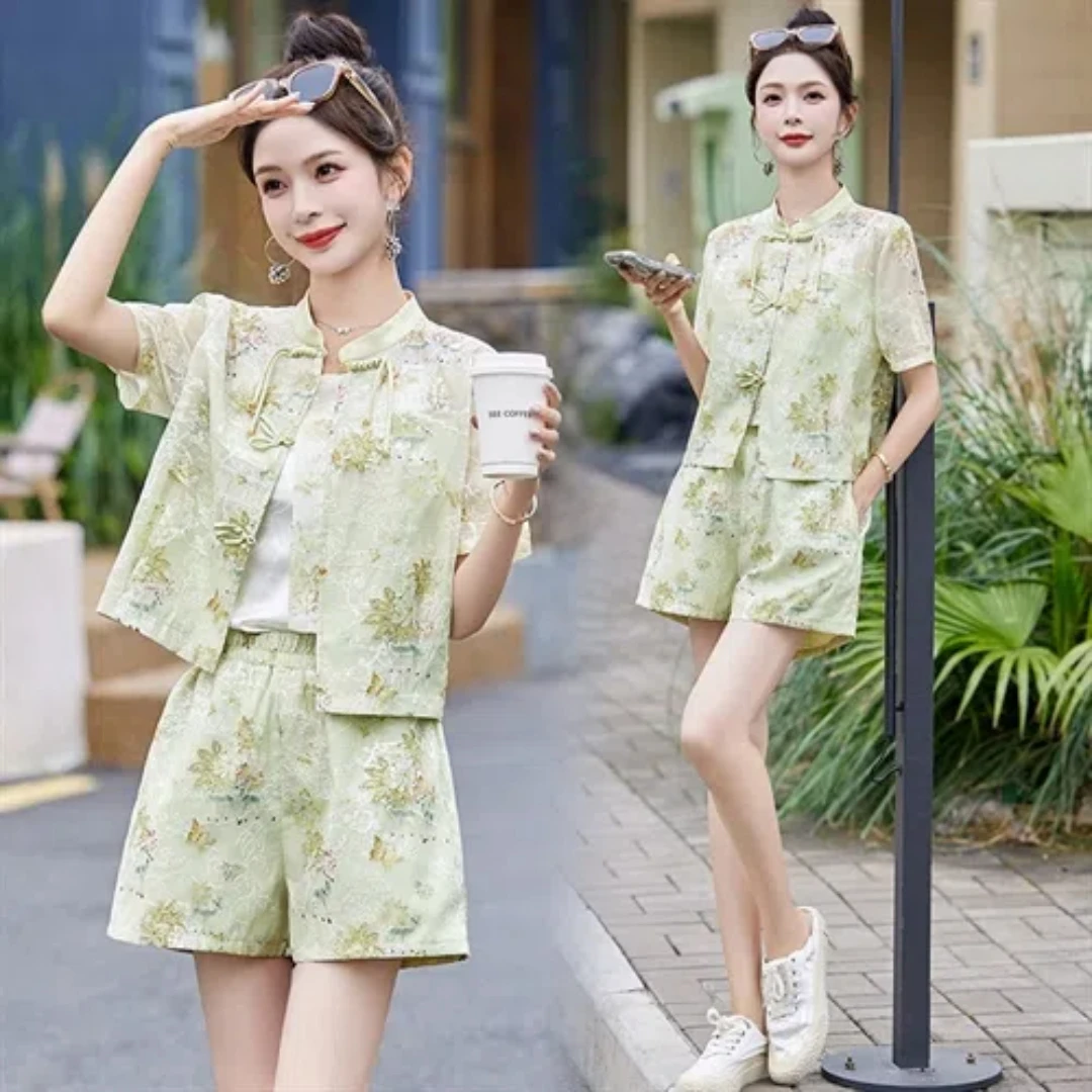 New Chinese National Style Plate Buckle Shorts Two-piece Set 2024 Summer Fashion New Ageing Improved Hanbok Top Pants