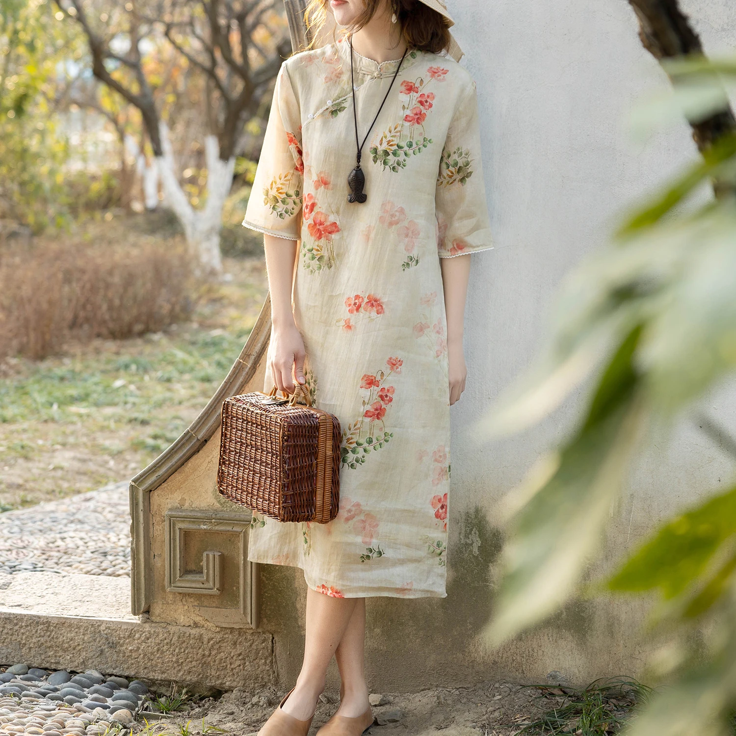 

2026 New Chinese Style Ramie Floral Print Qipao Dress for Women