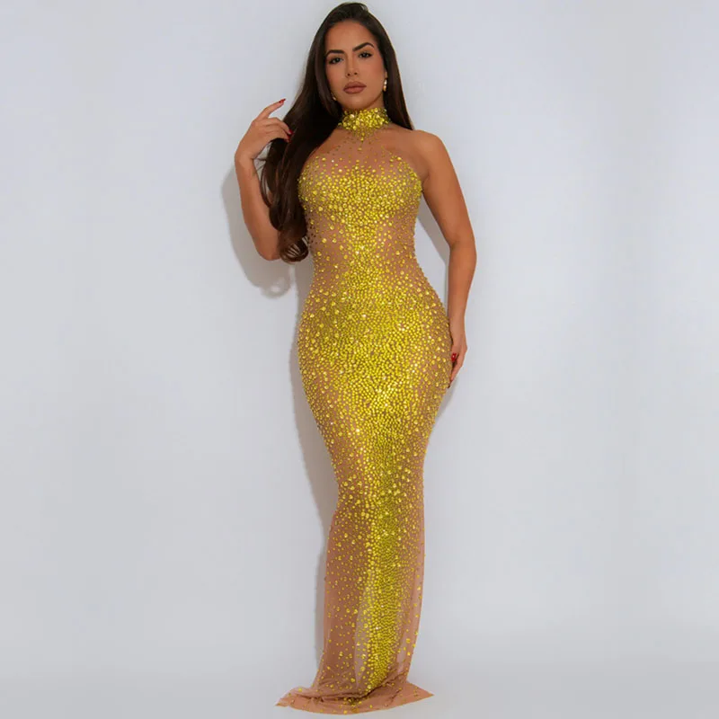 Sexy Mesh Durchsichtig Party Abendkleider Geburtstag Frau Nachtclub Weihnachten Sparkly Strass Prom Bodycon Maxi Kleid Robe