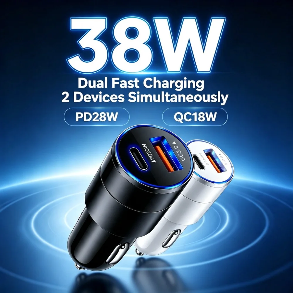 38W Dual Port Fast Car Charger Adapter Metal Mini PD28W QC18W USB C12-24V Quick Charge For iPhone Samsung Android Phone Dash Cam