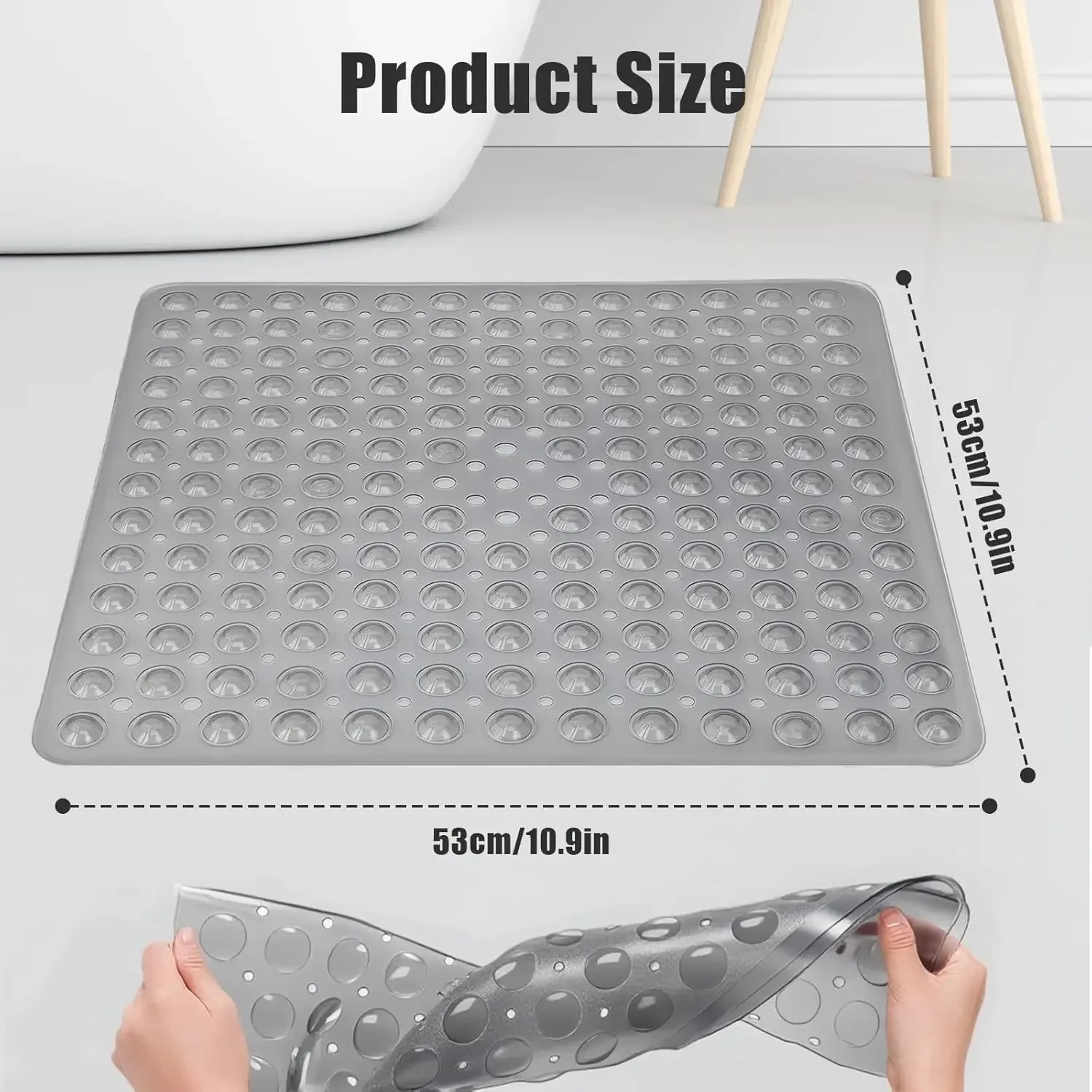 Square Shower Mat Bathtub Mat Non Slip 53x53cm, Square Bath Mat for Inside Shower Tub, Shower Stall Mats for Bathroom Floor