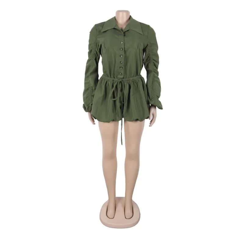 Moda mujer sólido Cargo linterna pantalones cortos monos cuello vuelto manga larga cordón con cordones peleles casuales ropa de calle