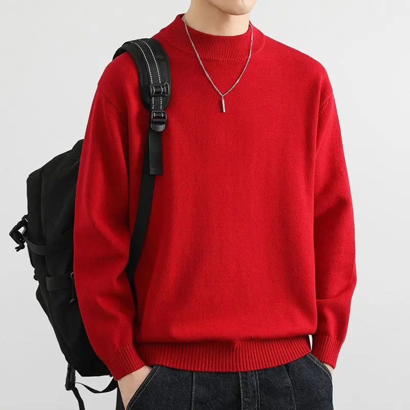 

Red Knitted Sweater Men's Casual Overhead f High Collar Woolen Yarn Basic Sle Autumn Winter New Arrival Polyester Fiber