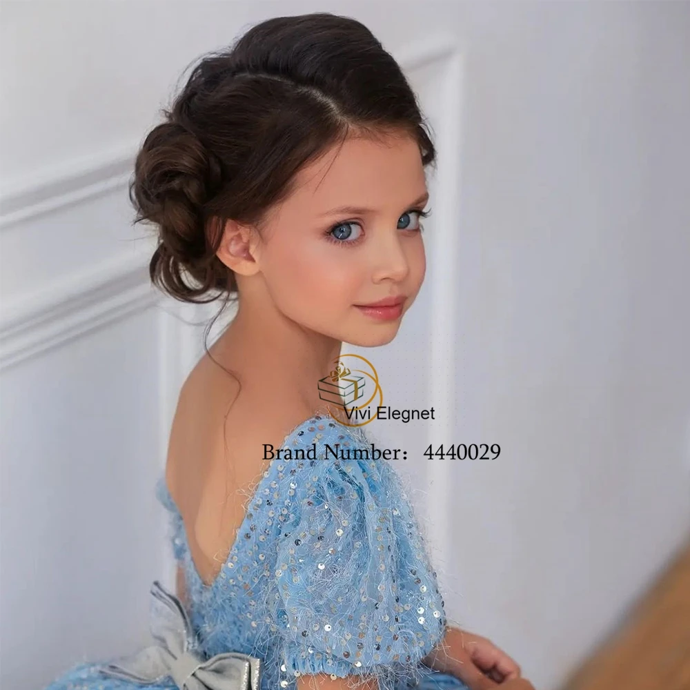 Semplice blu corto senza maniche con paillettes Flower Girl abiti Scoop abiti natalizi per la principessa 2023 a strati Cute muslimate piatte 0. 0 0 0