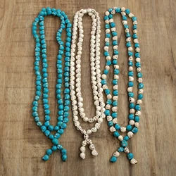 Bohemian Jewelry Blue Long Knotted Tibetan Buddhism 108 bone Skull Heads Prayer Bead Mala Necklace