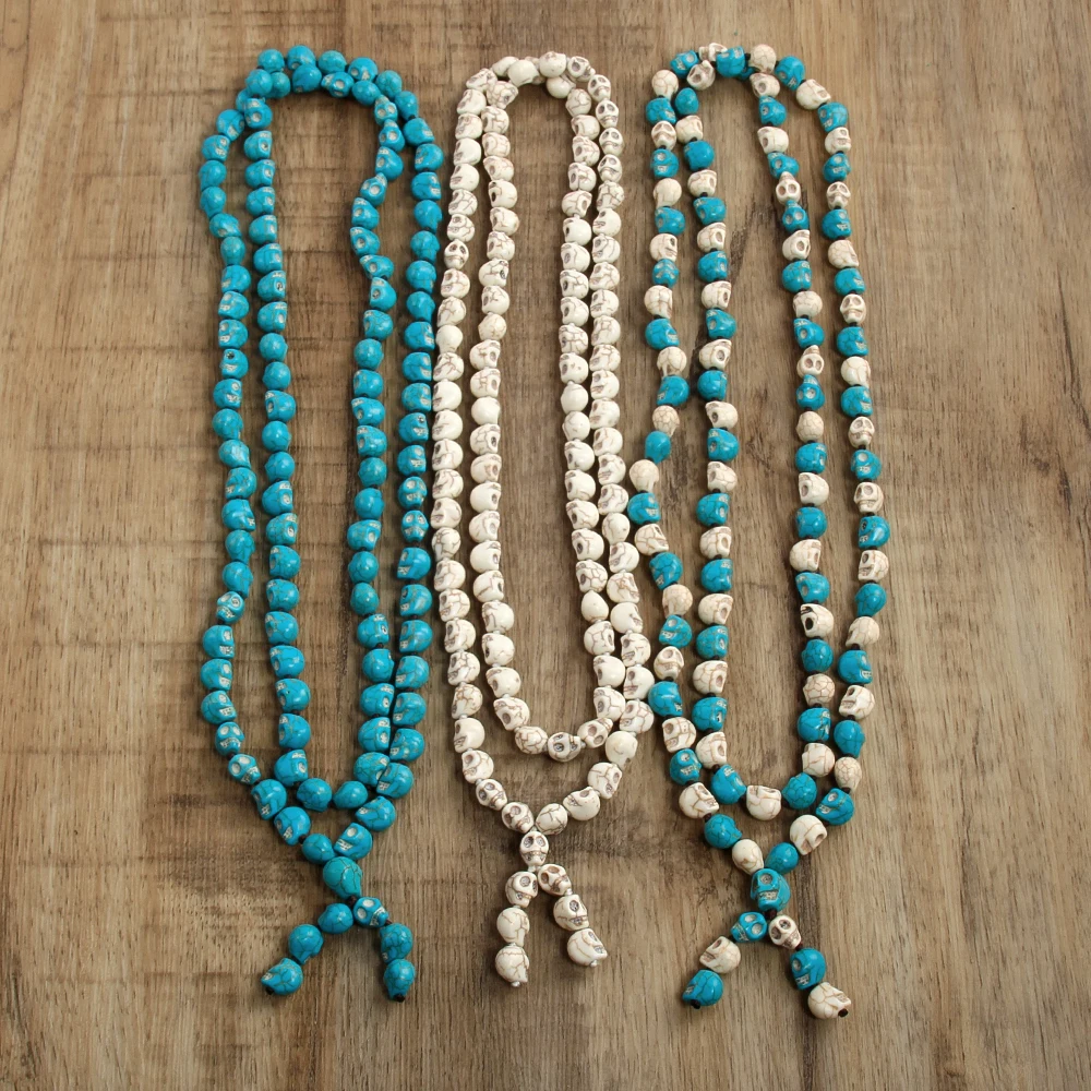 Bohemian Jewelry Blue Long Knotted Tibetan Buddhism 108 bone Skull Heads Prayer Bead Mala Necklace