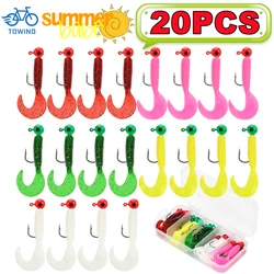 New 20/10PCS Metal Jig Head Fishing Hooks with Soft Worm Lure Grub Silicone Artificial Swimbait Sea Fishing Bait Tackle with Box
