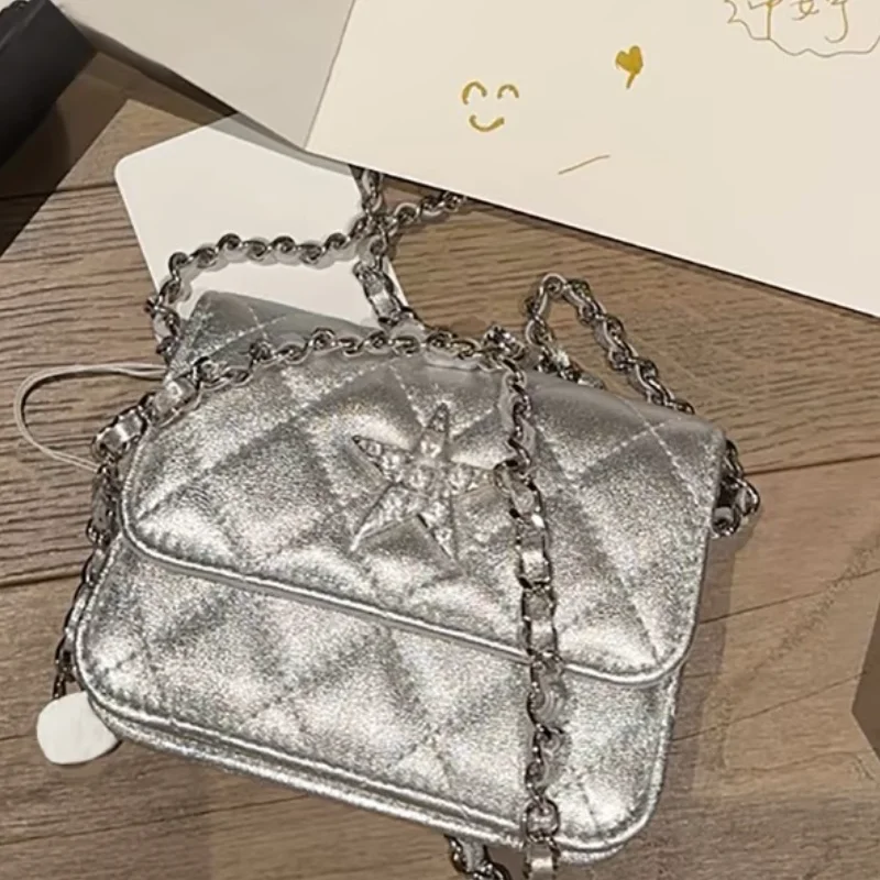 New Female Shoulder Bas Leisure Trend Small Crossbody Bag Silver with Diamond Stars Rhombic Lattice Chain Bag Fashion Square Bag