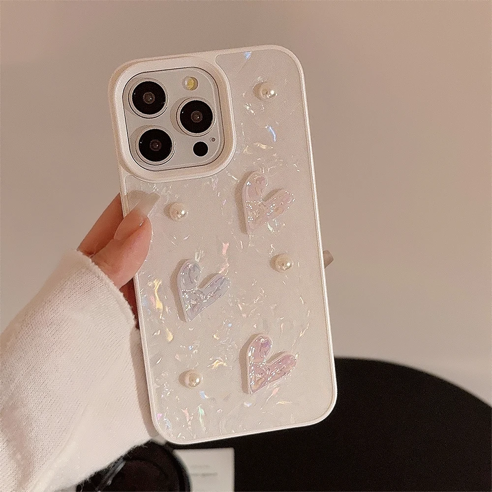 Korean Cute 3D Laser Love Soft Silicone Case for iPhone 15 Plus 14 13 12 11 Pro Max Pearl Shockproof Shell Pattern Phone Case