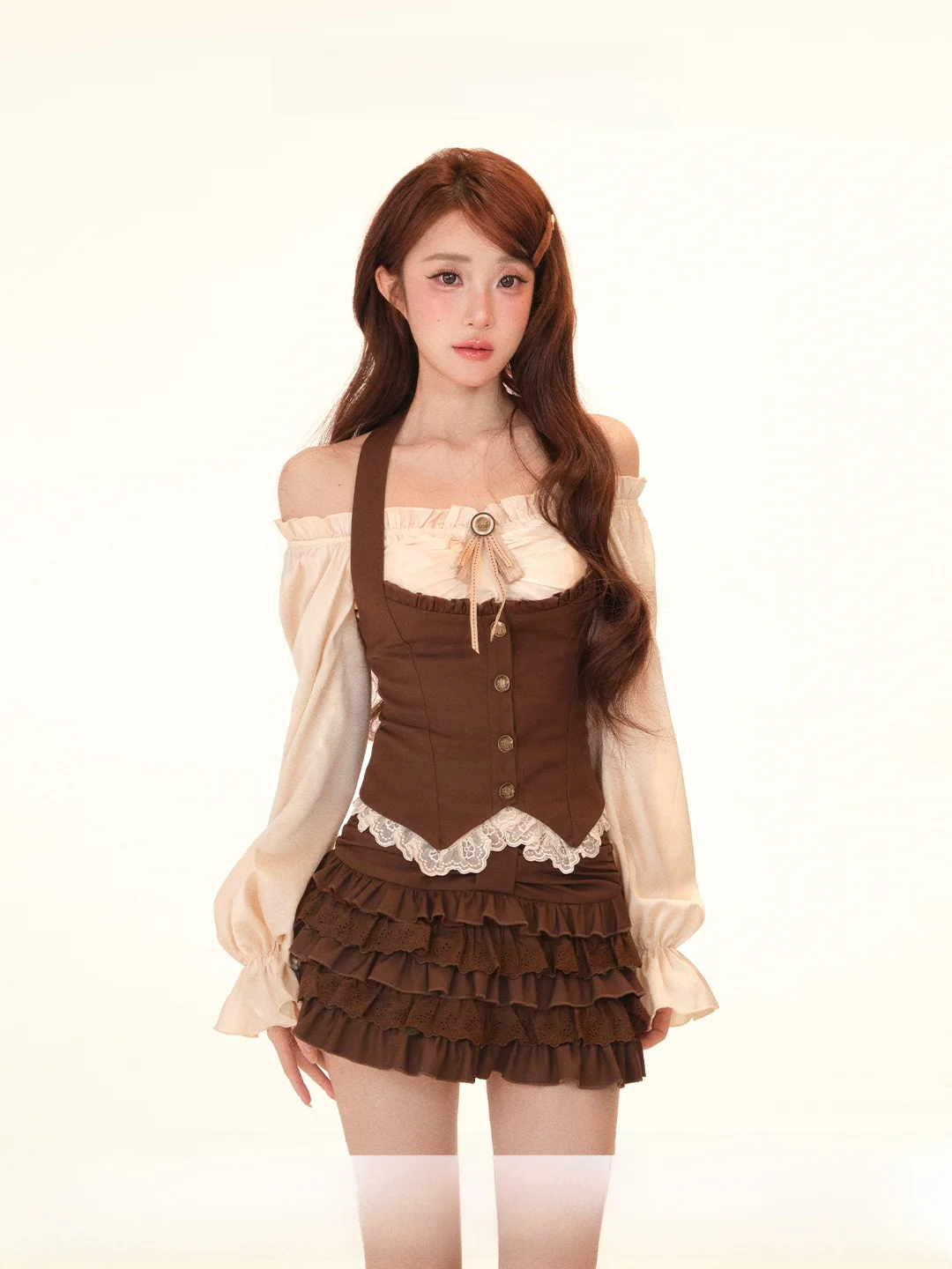 

Sweet Pear Daidai Loose Tea One oulder Lace irt Waist Cinch Knot Cake Skirt Tee Piece Set Women's Faion Spr...