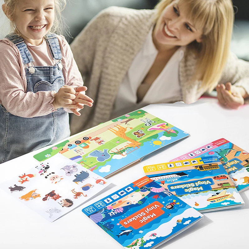 Reusable Scene Cute Stickers DIY Puzzle Magic Sticker Books Cartoon Animal Learning Cognition Toys For Kids Gift