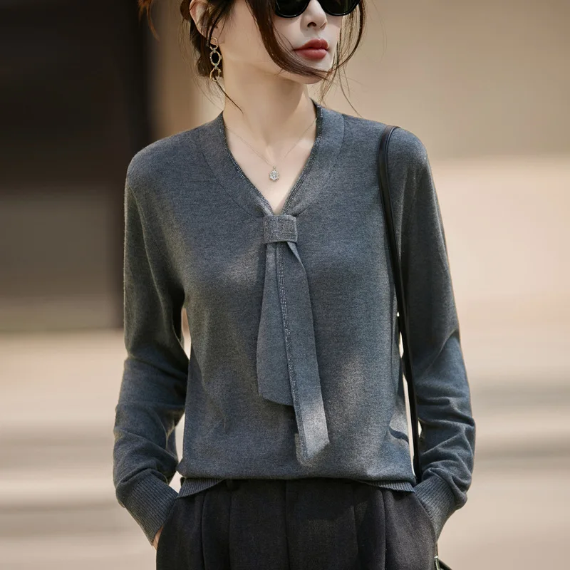 

Autumn Winte V-neck Knitted Sweater Long Sleeved Solid Color Pullover Long Sleeve Top Casual Loose Office Lady Thick Shirt
