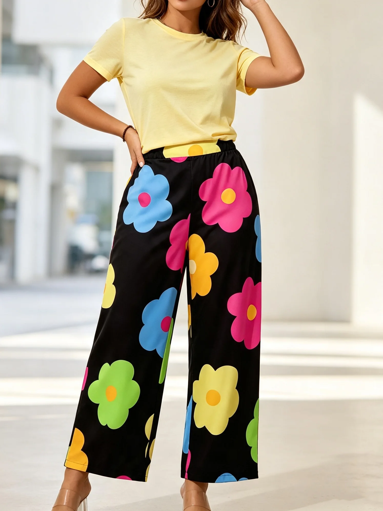 Women's plus Size Colorful Flower Print Wide Leg Pants High Waist Vacation Style Spring Summer Comfortable Fit Casual Trousers