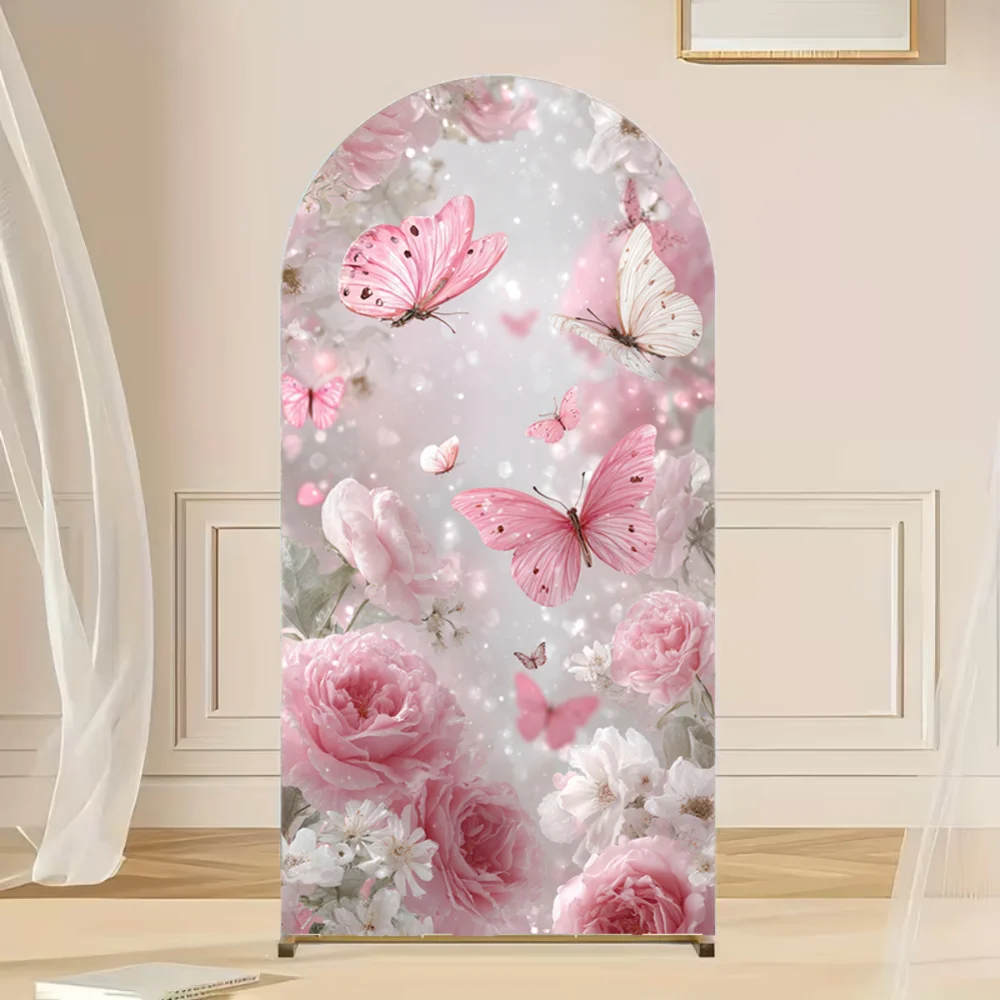 Spring Garden Decoration Arch Wall Panels Banner Pink Purple Butterfly Floral Arch Backdrop Cover for Girls Baby Shower Birthday