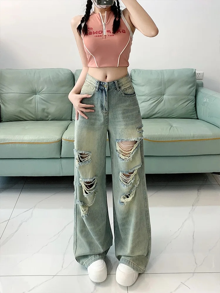 

Женские свободные джинсы больших размеров с высокой талией, летние длинные брюки с рваными дырками, драпированные прямые широкие брюки