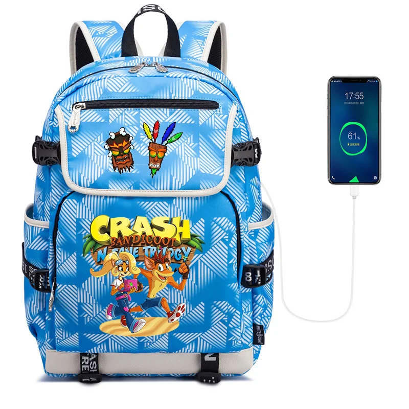 Gra Crash Bandicoot plecaki mężczyźni kobiety USB ładowanie torby podróżne na laptopa nastolatek Student plecak dla dzieci Casual Mochila