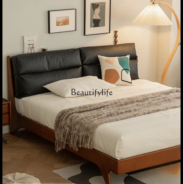 

Nordic Solid Wood Upholstered Bed Japanese Retro Simple Technology Leather Double Bed